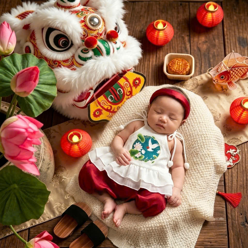 Halter Top & Pants Set – Lotus Harmony Newborn–3 Years | Traditional Yếm Set with Matching Headband | Lunar New Year & Tết Outfit