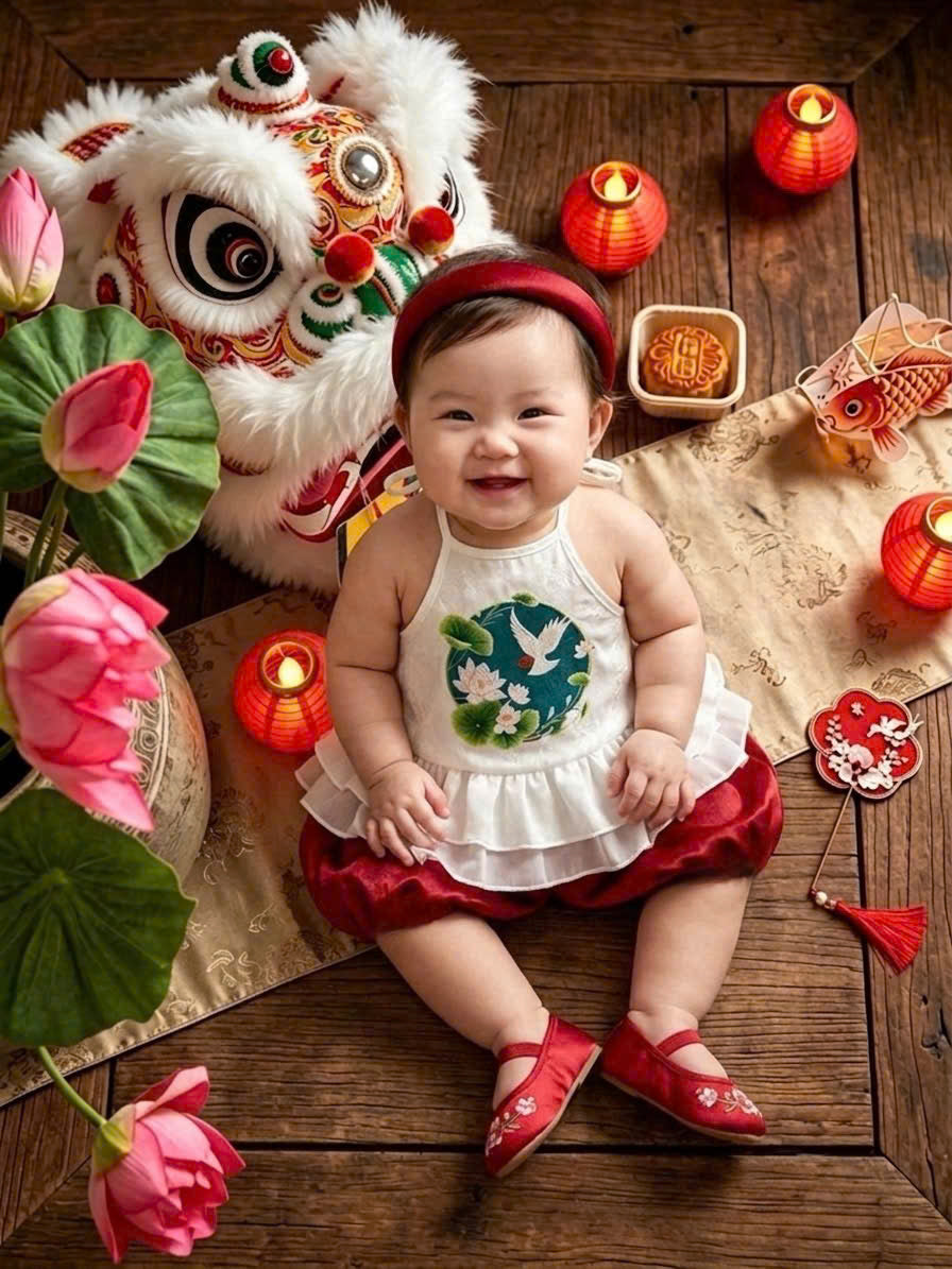Halter Top & Pants Set – Lotus Harmony Newborn–3 Years | Traditional Yếm Set with Matching Headband | Lunar New Year & Tết Outfit