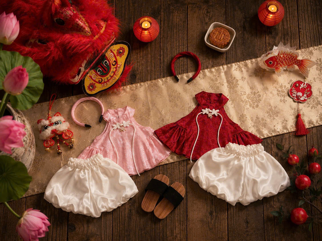 Halter Top & Pants Set – Imperial Bloom Newborn–3 Years | Traditional Silk Yếm Set with Matching Headband | Lunar New Year & Tết Outfit