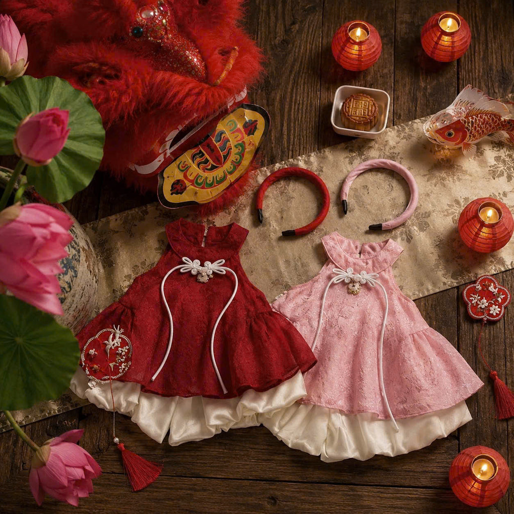 Halter Top & Pants Set – Imperial Bloom Newborn–3 Years | Traditional Silk Yếm Set with Matching Headband | Lunar New Year & Tết Outfit
