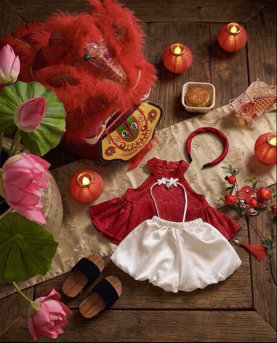 Halter Top & Pants Set – Imperial Bloom Newborn–3 Years | Traditional Silk Yếm Set with Matching Headband | Lunar New Year & Tết Outfit