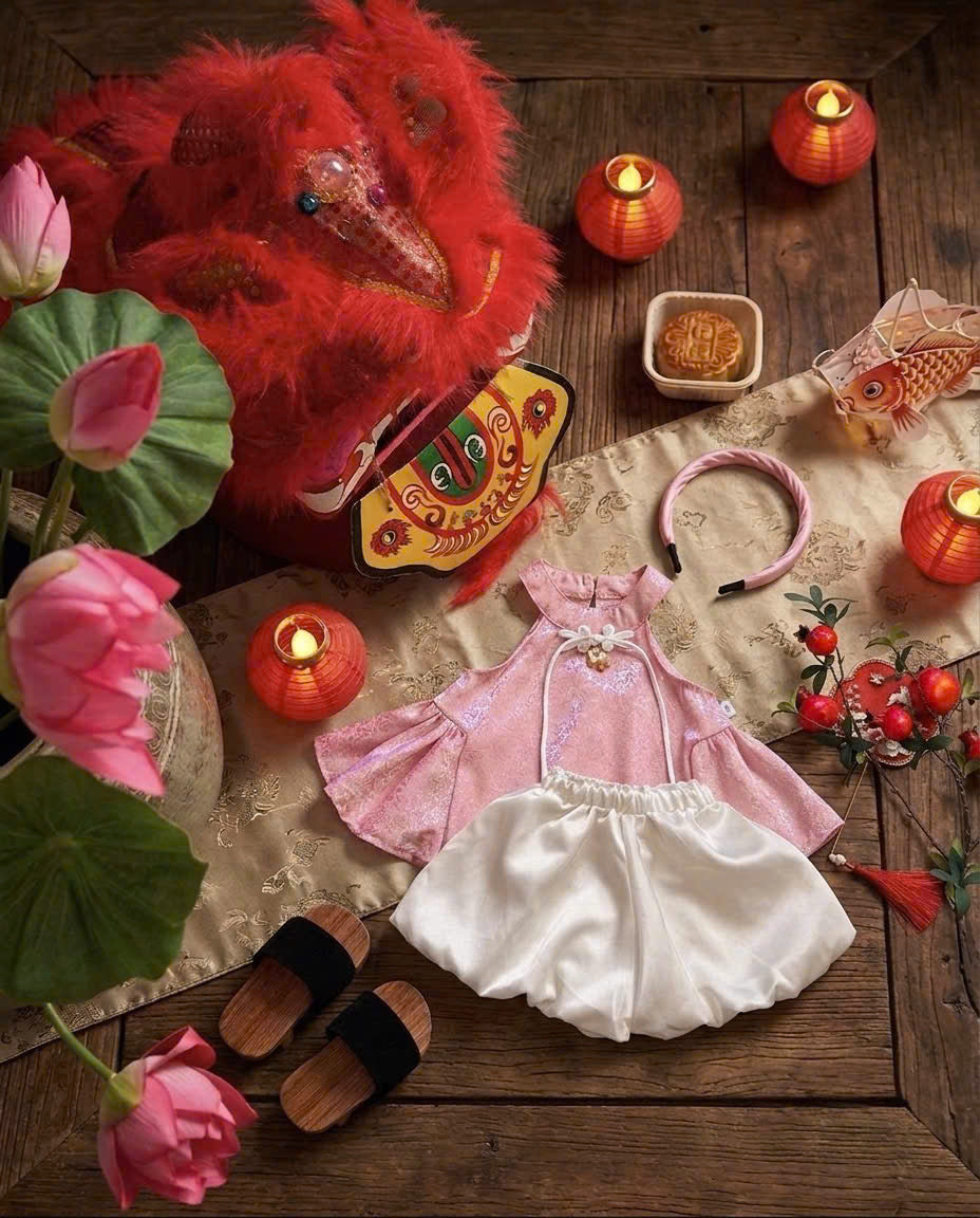 Halter Top & Pants Set – Imperial Bloom Newborn–3 Years | Traditional Silk Yếm Set with Matching Headband | Lunar New Year & Tết Outfit
