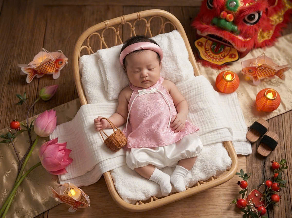 Halter Top & Pants Set – Imperial Bloom Newborn–3 Years | Traditional Silk Yếm Set with Matching Headband | Lunar New Year & Tết Outfit