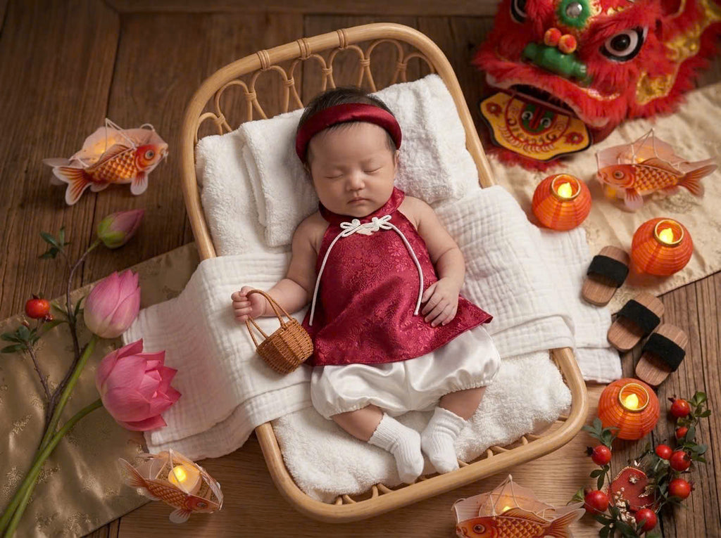 Halter Top & Pants Set – Imperial Bloom Newborn–3 Years | Traditional Silk Yếm Set with Matching Headband | Lunar New Year & Tết Outfit