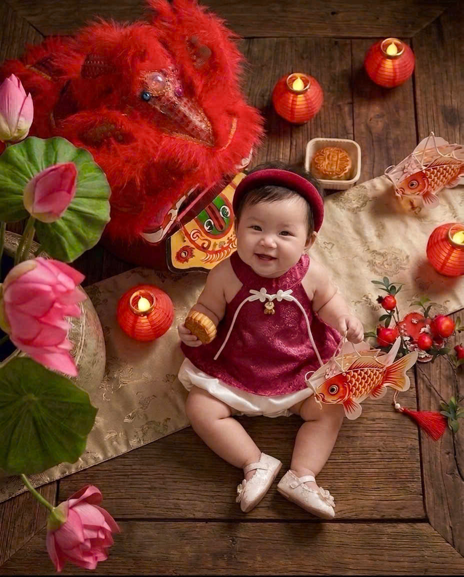 Halter Top & Pants Set – Imperial Bloom Newborn–3 Years | Traditional Silk Yếm Set with Matching Headband | Lunar New Year & Tết Outfit
