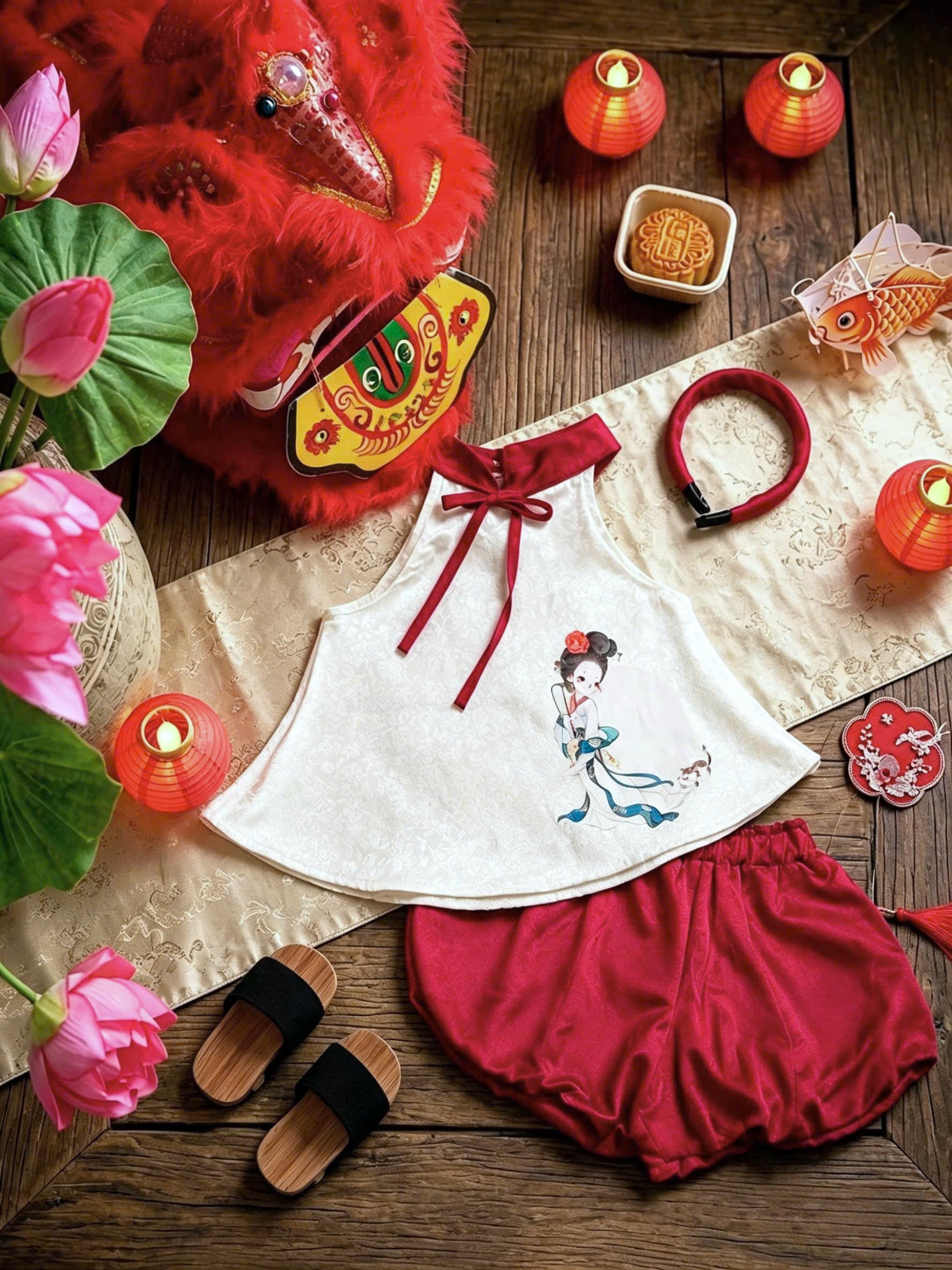 Halter Top & Pants Set – Moon Goddess Newborn–2 Years | Traditional Silk Yếm Set with Matching Headband | Mid-Autumn Festival & Lunar New Year Outfit