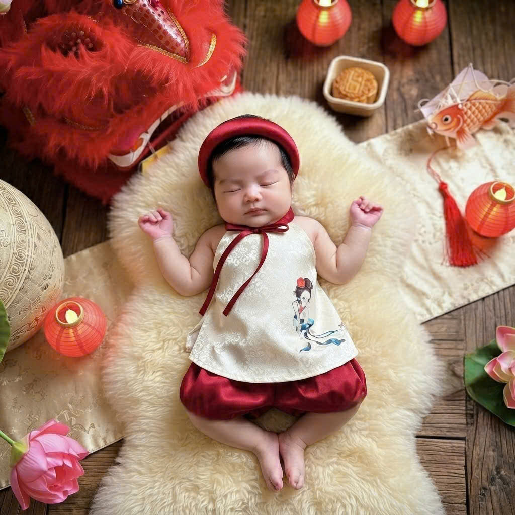 Halter Top & Pants Set – Moon Goddess Newborn–2 Years | Traditional Silk Yếm Set with Matching Headband | Mid-Autumn Festival & Lunar New Year Outfit
