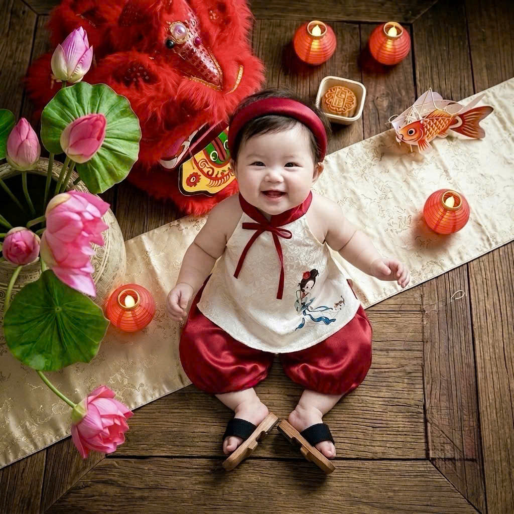 Halter Top & Pants Set – Moon Goddess Newborn–2 Years | Traditional Silk Yếm Set with Matching Headband | Mid-Autumn Festival & Lunar New Year Outfit