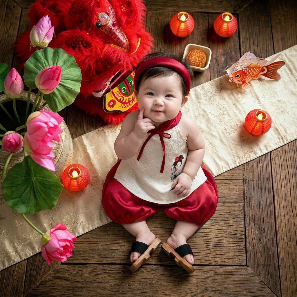 Halter Top & Pants Set – Moon Goddess Newborn–2 Years | Traditional Silk Yếm Set with Matching Headband | Mid-Autumn Festival & Lunar New Year Outfit