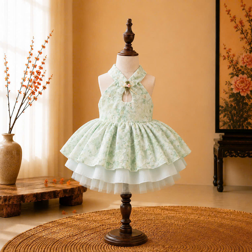 Halter Neck Dress – Mint Blossom Newborn–3 Years | Floral Girls Dress with Matching Headband | Birthday, Lunar New Year & Mid-Autumn Outfit