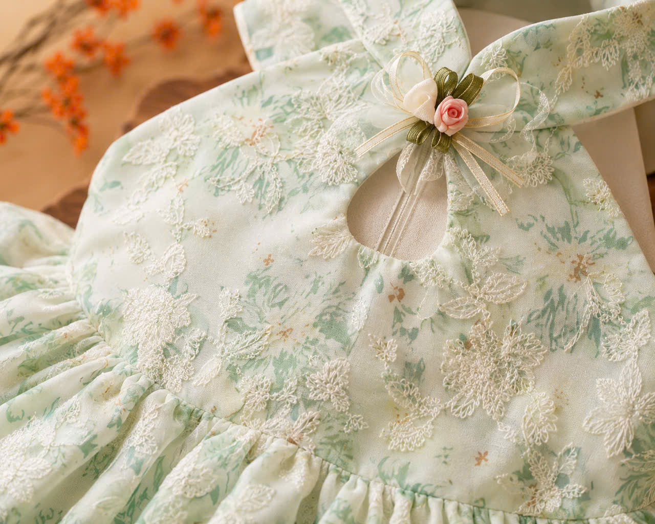Halter Neck Dress – Mint Blossom Newborn–3 Years | Floral Girls Dress with Matching Headband | Birthday, Lunar New Year & Mid-Autumn Outfit