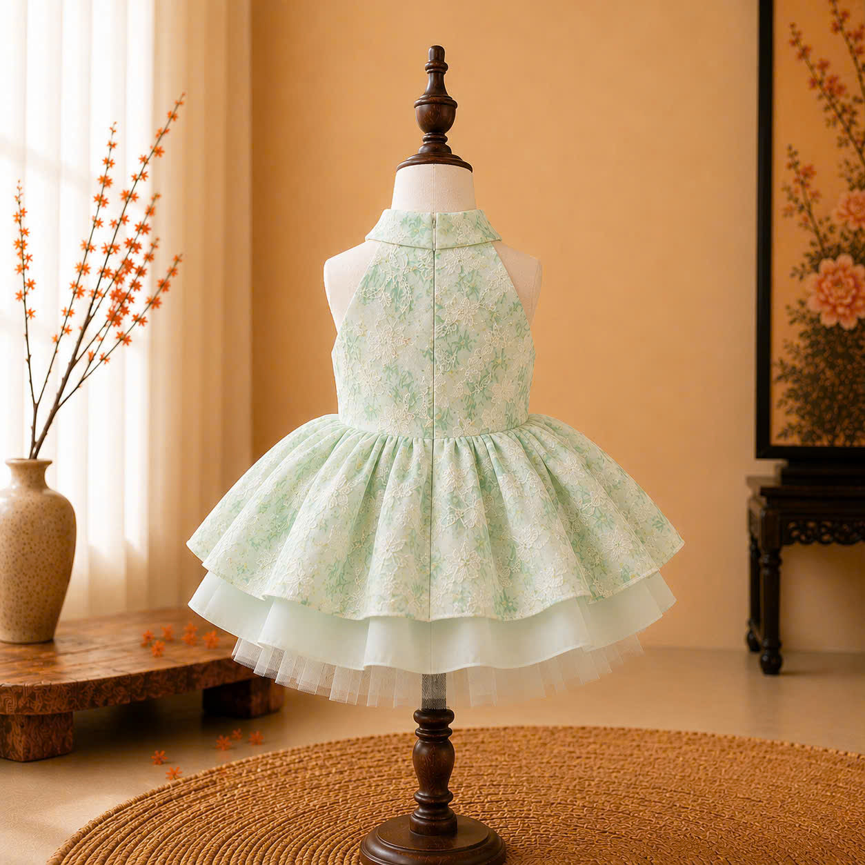 Halter Neck Dress – Mint Blossom Newborn–3 Years | Floral Girls Dress with Matching Headband | Birthday, Lunar New Year & Mid-Autumn Outfit