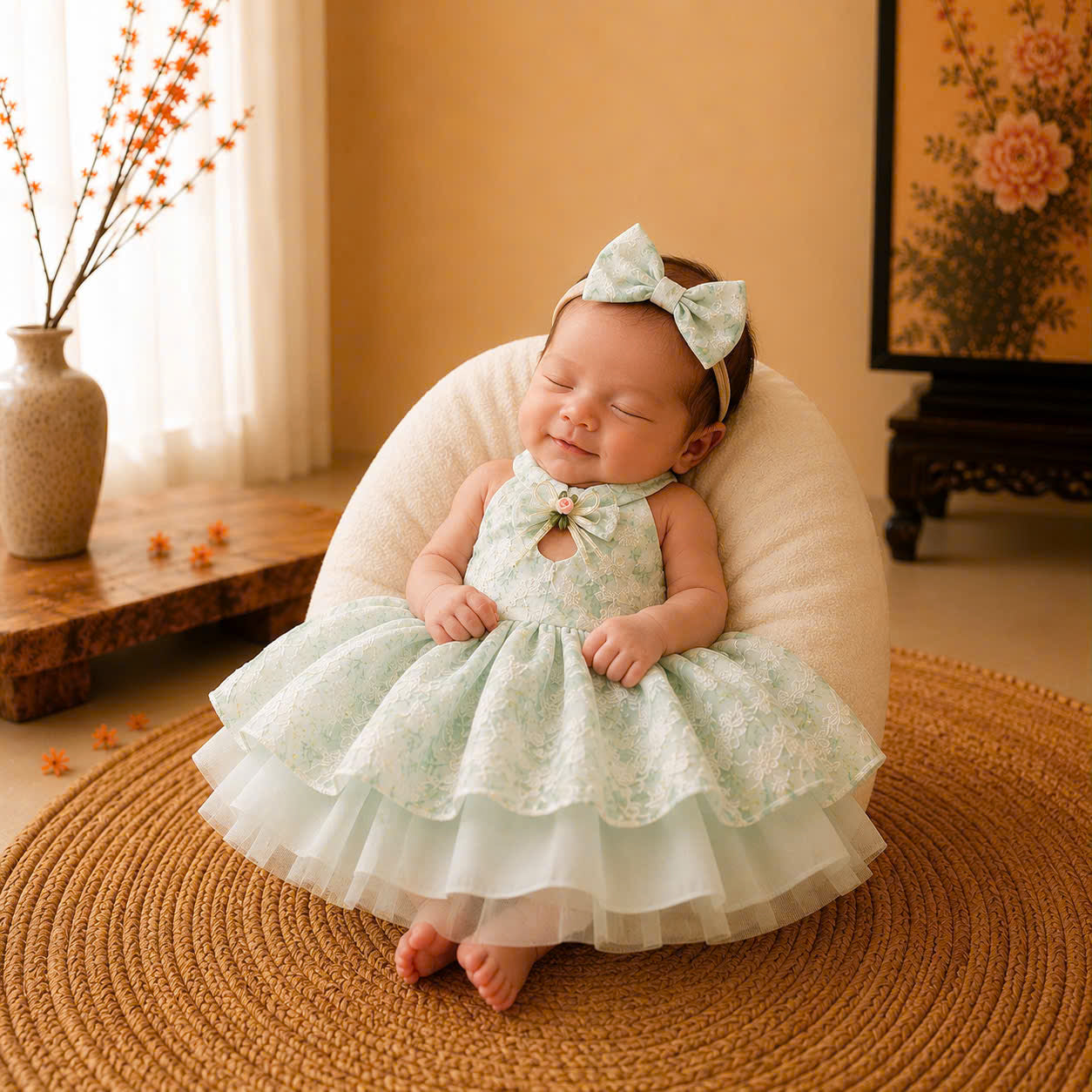Halter Neck Dress – Mint Blossom Newborn–3 Years | Floral Girls Dress with Matching Headband | Birthday, Lunar New Year & Mid-Autumn Outfit