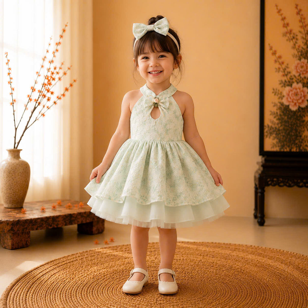Halter Neck Dress – Mint Blossom Newborn–3 Years | Floral Girls Dress with Matching Headband | Birthday, Lunar New Year & Mid-Autumn Outfit