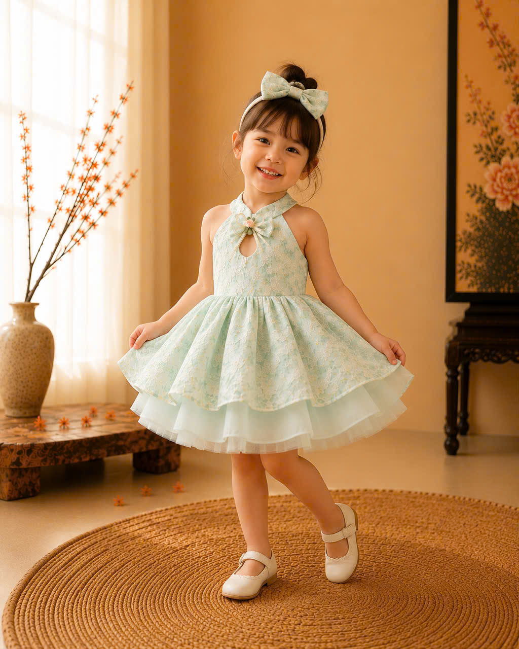 Halter Neck Dress – Mint Blossom Newborn–3 Years | Floral Girls Dress with Matching Headband | Birthday, Lunar New Year & Mid-Autumn Outfit