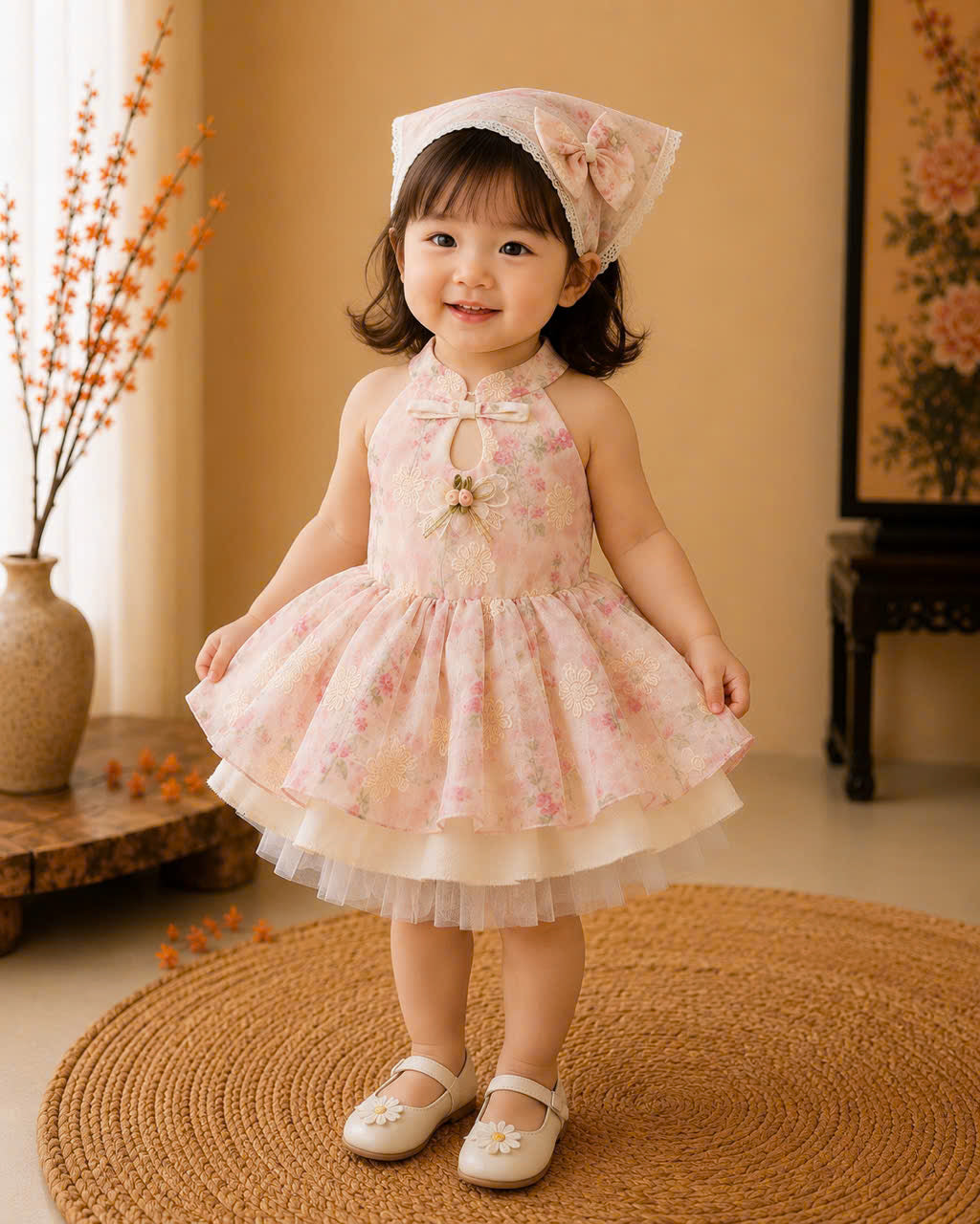 Halter Neck Dress – Sweet Blossom Newborn–4Years | Floral Baby Dress with Matching Floral Head Scarf | Birthday, Lunar New Year & Mid-Autumn