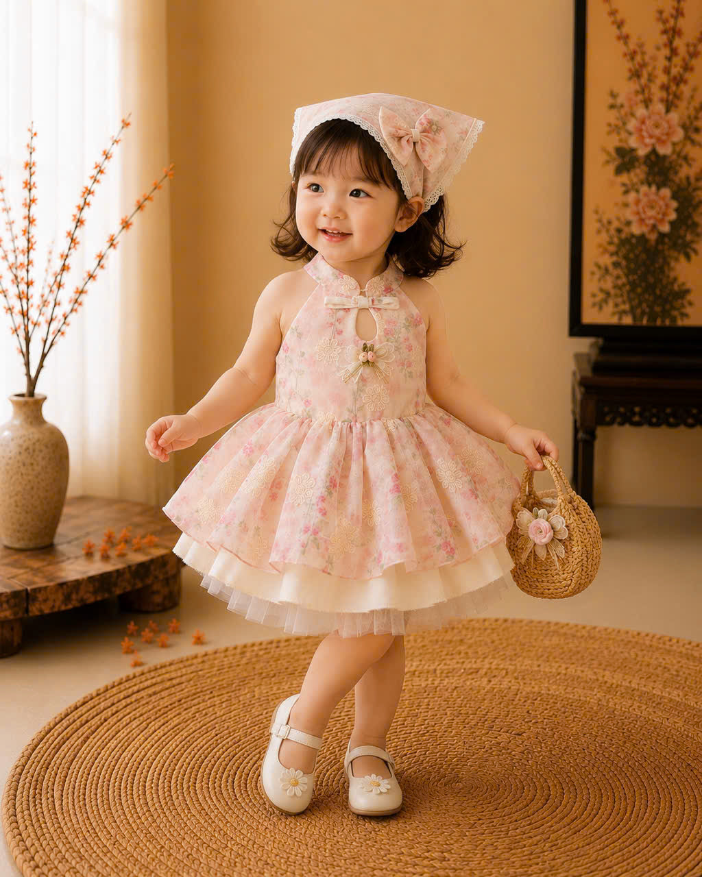 Halter Neck Dress – Sweet Blossom Newborn–4Years | Floral Baby Dress with Matching Floral Head Scarf | Birthday, Lunar New Year & Mid-Autumn