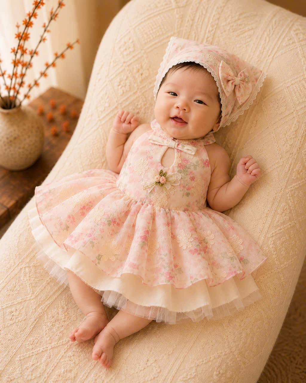 Halter Neck Dress – Sweet Blossom Newborn–4Years | Floral Baby Dress with Matching Floral Head Scarf | Birthday, Lunar New Year & Mid-Autumn