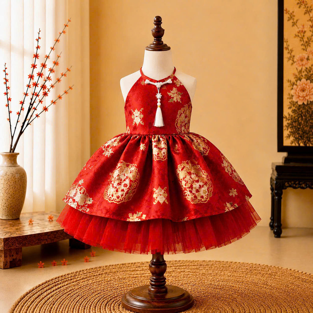Golden Blossom Princess Dress 3 Months–3 Years | Brocade Yếm-Inspired Tulle Party Dress | Flower Girl, Birthday, Lunar New Year & Special Occasion Dress