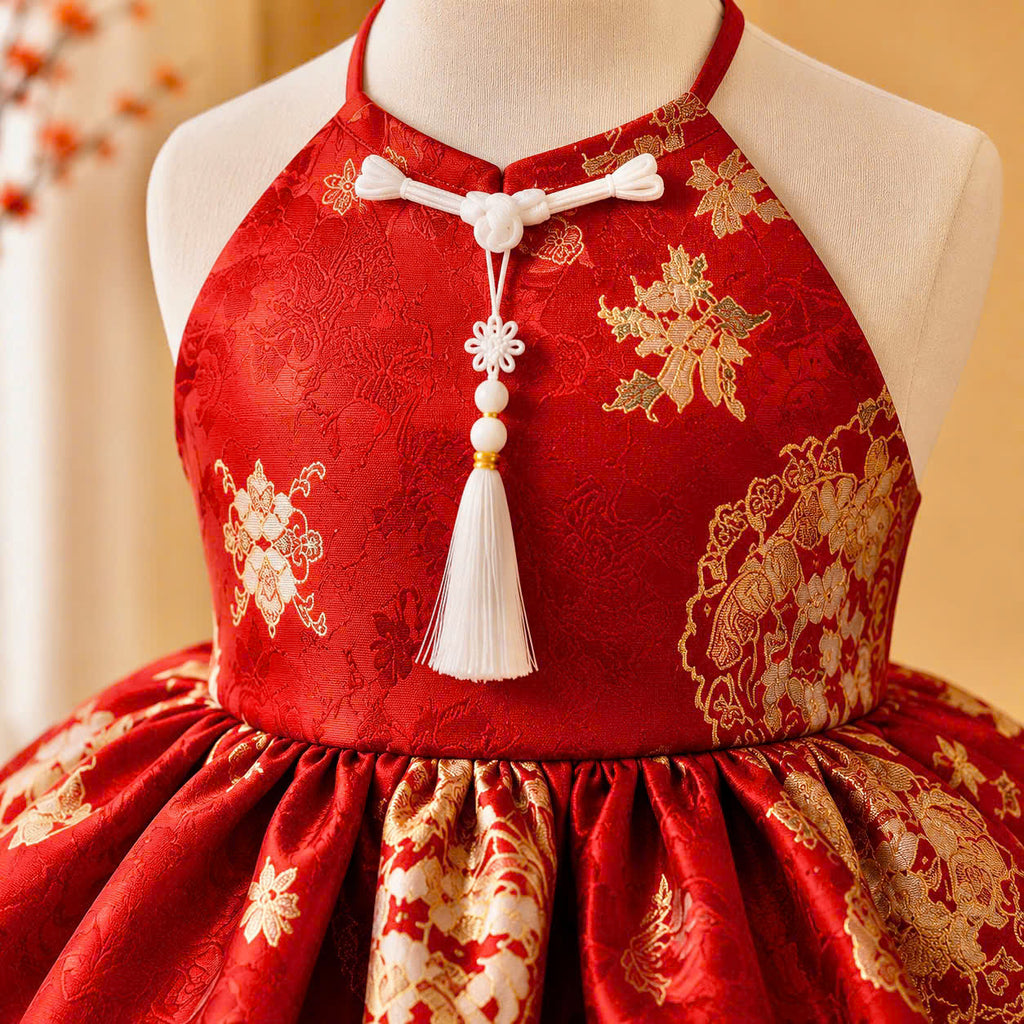 Golden Blossom Princess Dress 3 Months–3 Years | Brocade Yếm-Inspired Tulle Party Dress | Flower Girl, Birthday, Lunar New Year & Special Occasion Dress