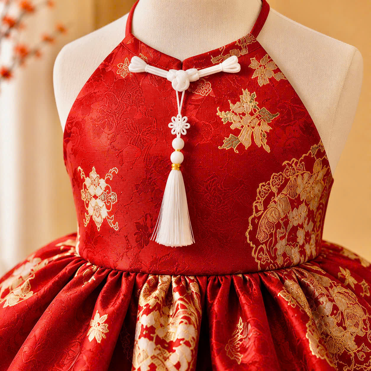 Golden Blossom Princess Dress 3 Months–3 Years | Brocade Yếm-Inspired Tulle Party Dress | Flower Girl, Birthday, Lunar New Year & Special Occasion Dress