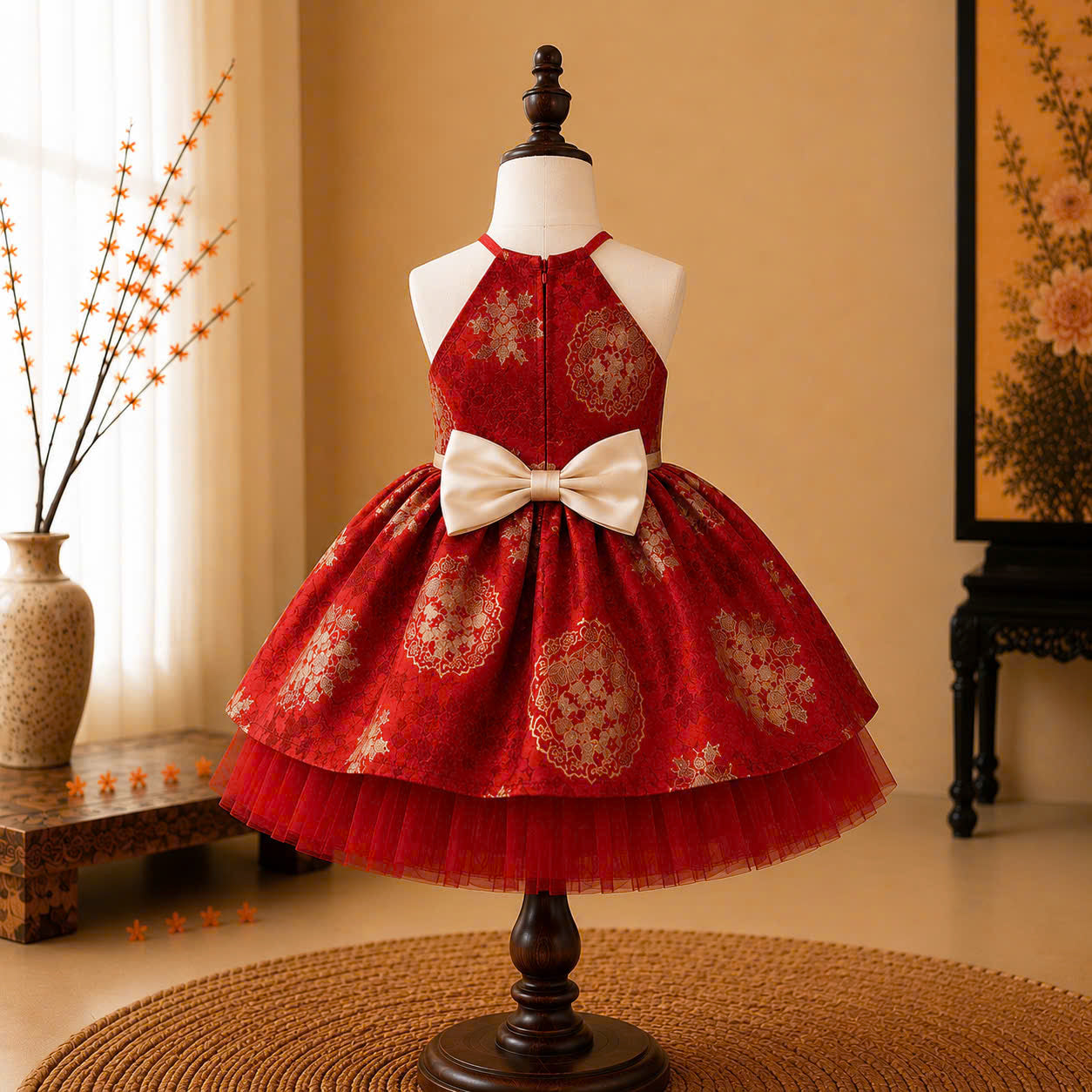 Golden Blossom Princess Dress 3 Months–3 Years | Brocade Yếm-Inspired Tulle Party Dress | Flower Girl, Birthday, Lunar New Year & Special Occasion Dress
