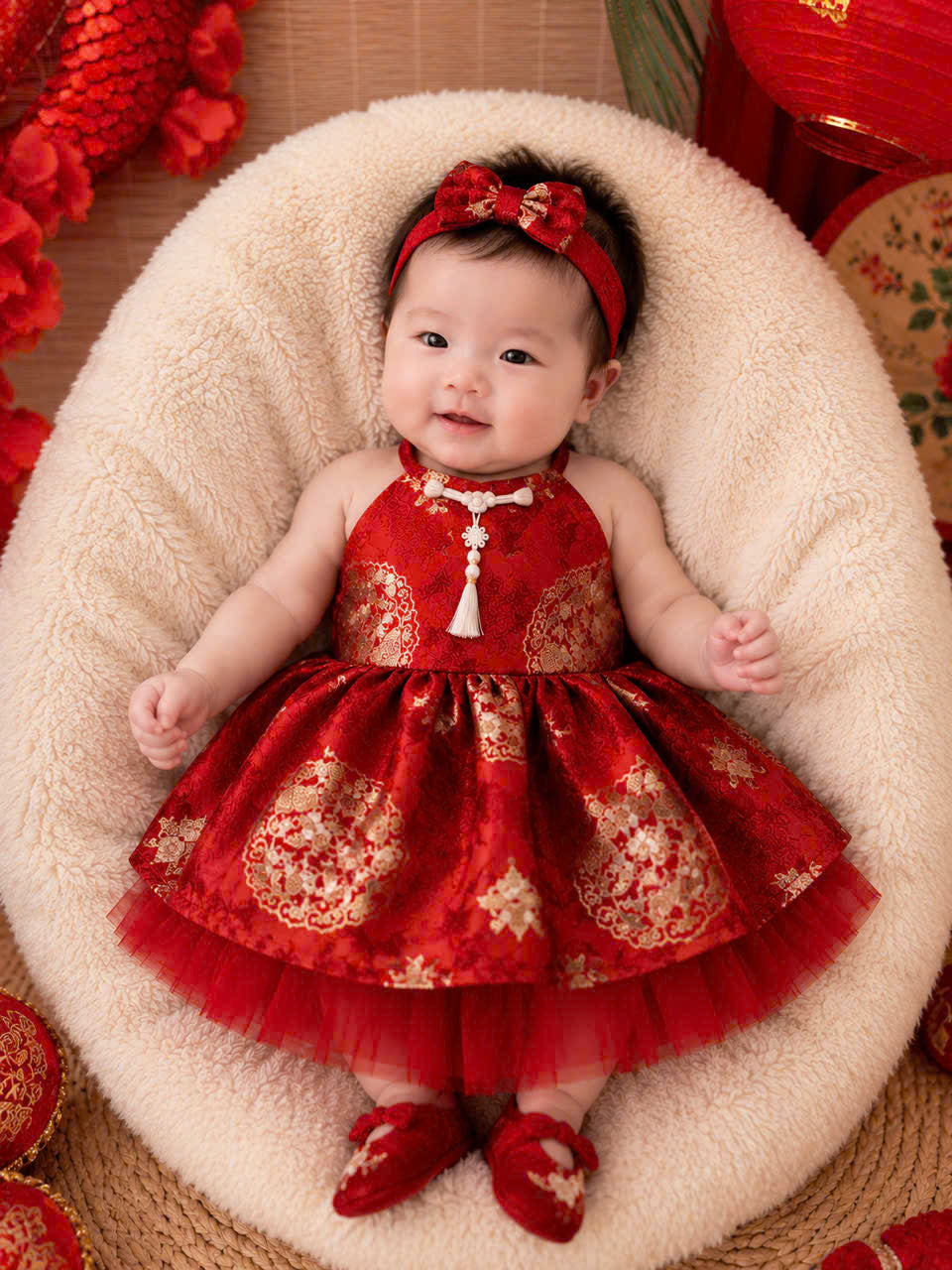 Golden Blossom Princess Dress 3 Months–3 Years | Brocade Yếm-Inspired Tulle Party Dress | Flower Girl, Birthday, Lunar New Year & Special Occasion Dress