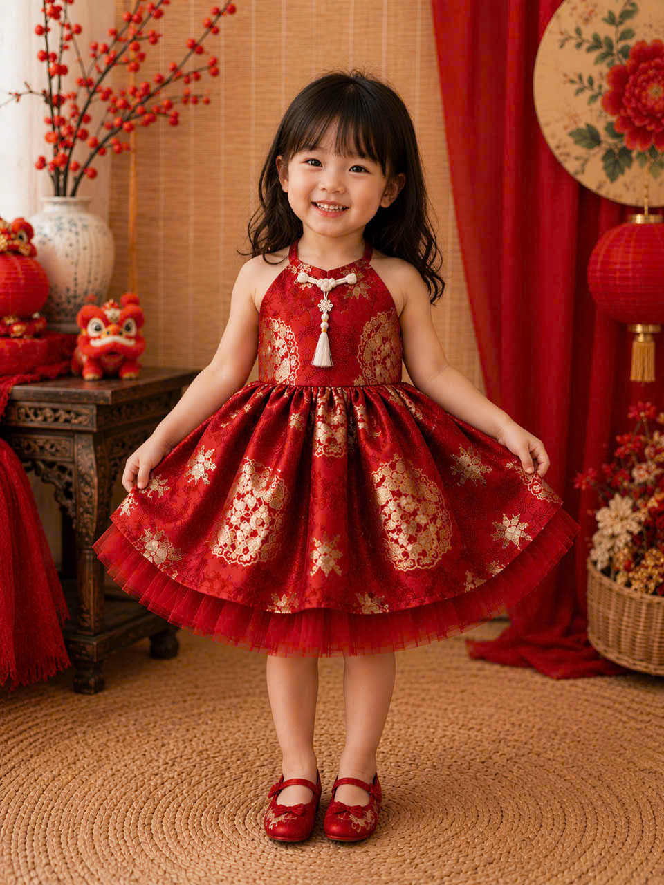 Golden Blossom Princess Dress 3 Months–3 Years | Brocade Yếm-Inspired Tulle Party Dress | Flower Girl, Birthday, Lunar New Year & Special Occasion Dress