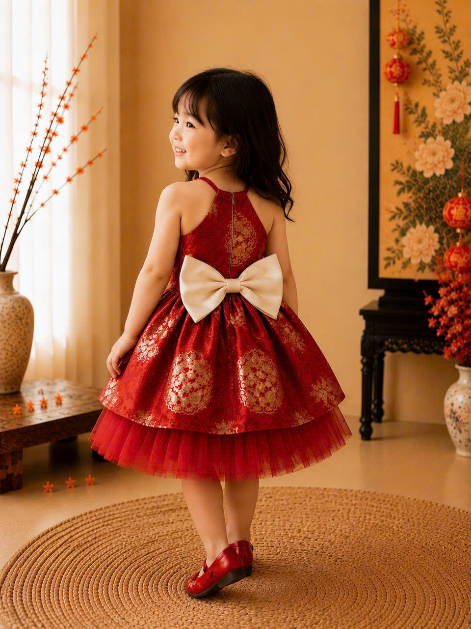 Golden Blossom Princess Dress 3 Months–3 Years | Brocade Yếm-Inspired Tulle Party Dress | Flower Girl, Birthday, Lunar New Year & Special Occasion Dress