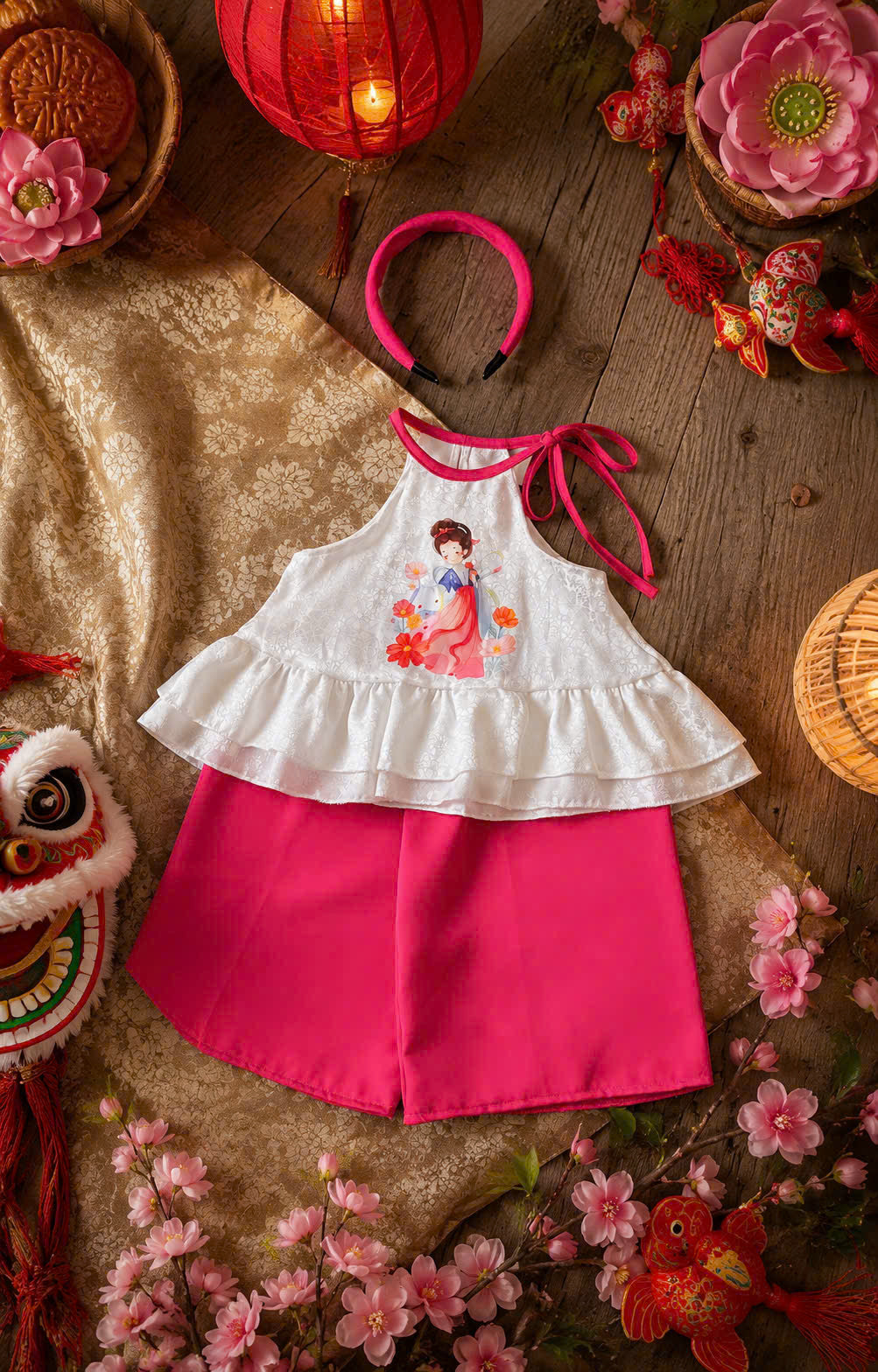 Halter Top & Pants Set – Moon Goddess Pink Newborn–3 Years | Traditional Silk Yếm Set with Matching Headband | Mid-Autumn Festival & Lunar New Year Outfit
