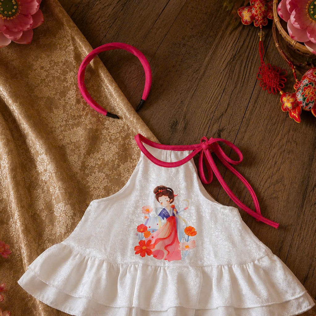 Halter Top & Pants Set – Moon Goddess Pink Newborn–3 Years | Traditional Silk Yếm Set with Matching Headband | Mid-Autumn Festival & Lunar New Year Outfit