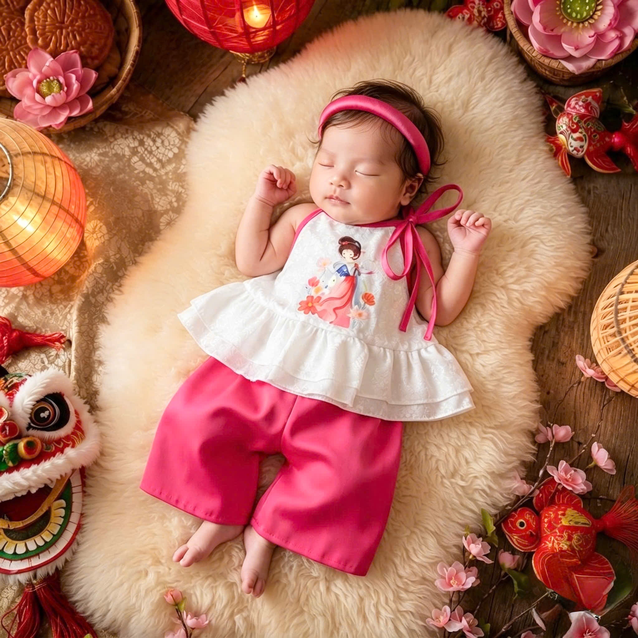 Halter Top & Pants Set – Moon Goddess Pink Newborn–3 Years | Traditional Silk Yếm Set with Matching Headband | Mid-Autumn Festival & Lunar New Year Outfit