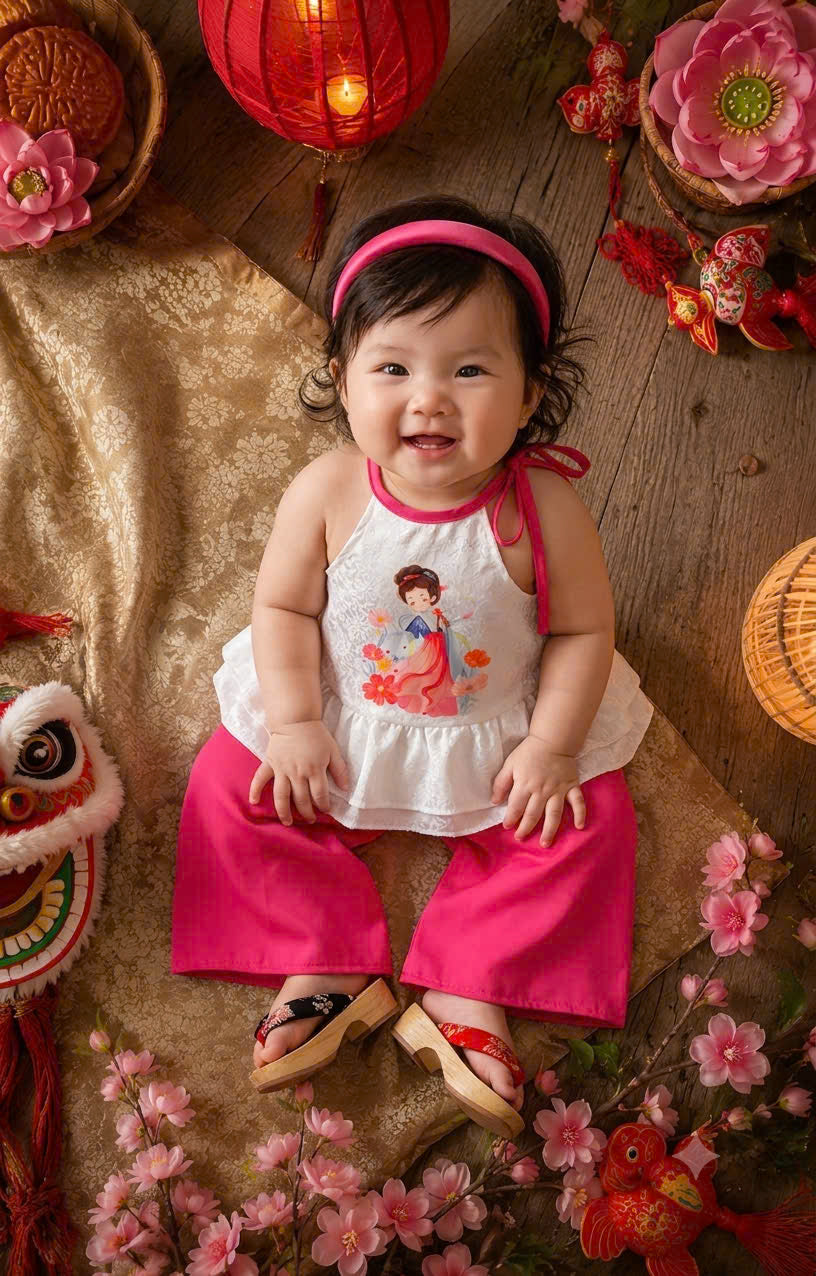 Halter Top & Pants Set – Moon Goddess Pink Newborn–3 Years | Traditional Silk Yếm Set with Matching Headband | Mid-Autumn Festival & Lunar New Year Outfit