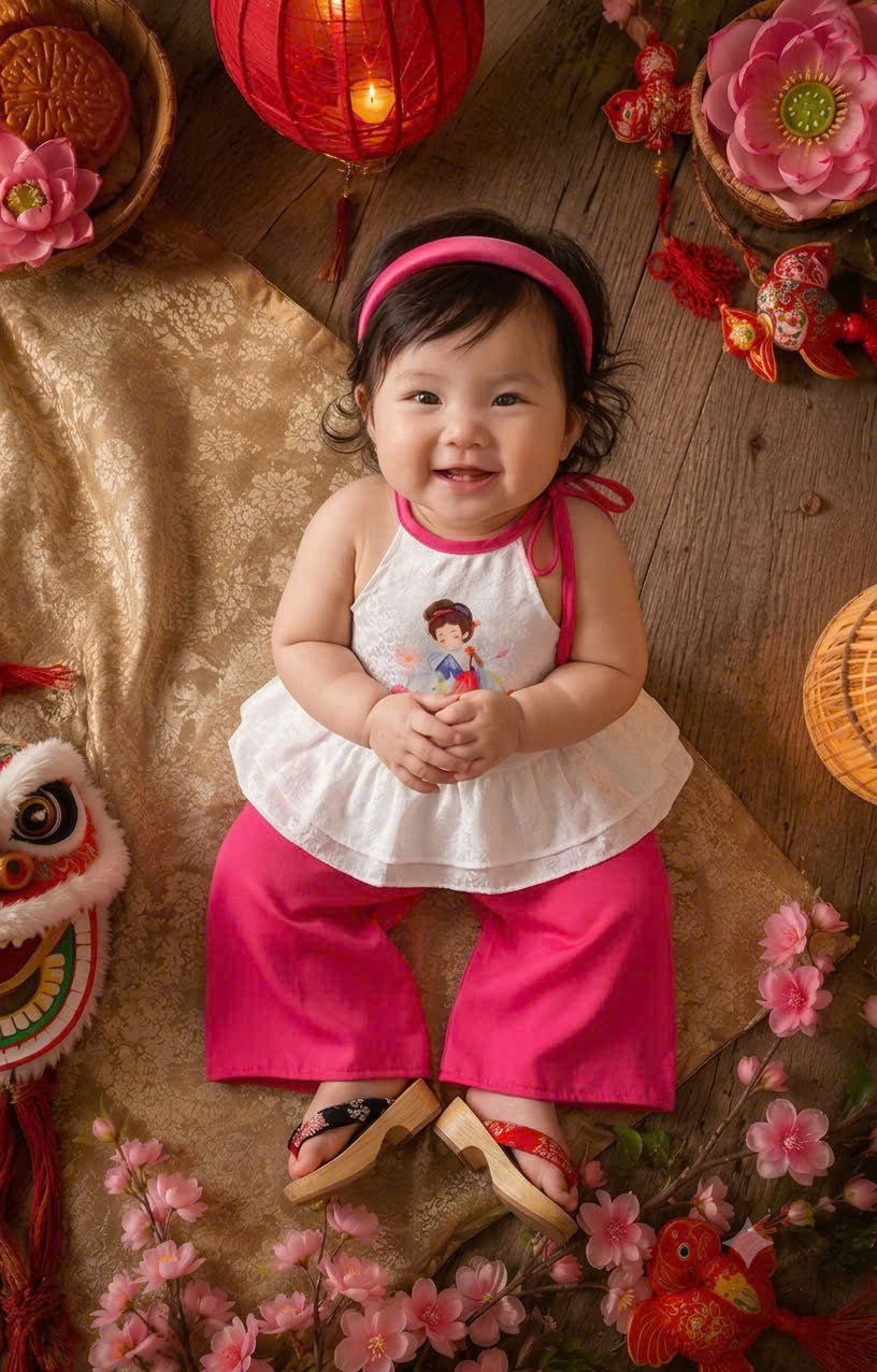 Halter Top & Pants Set – Moon Goddess Pink Newborn–3 Years | Traditional Silk Yếm Set with Matching Headband | Mid-Autumn Festival & Lunar New Year Outfit