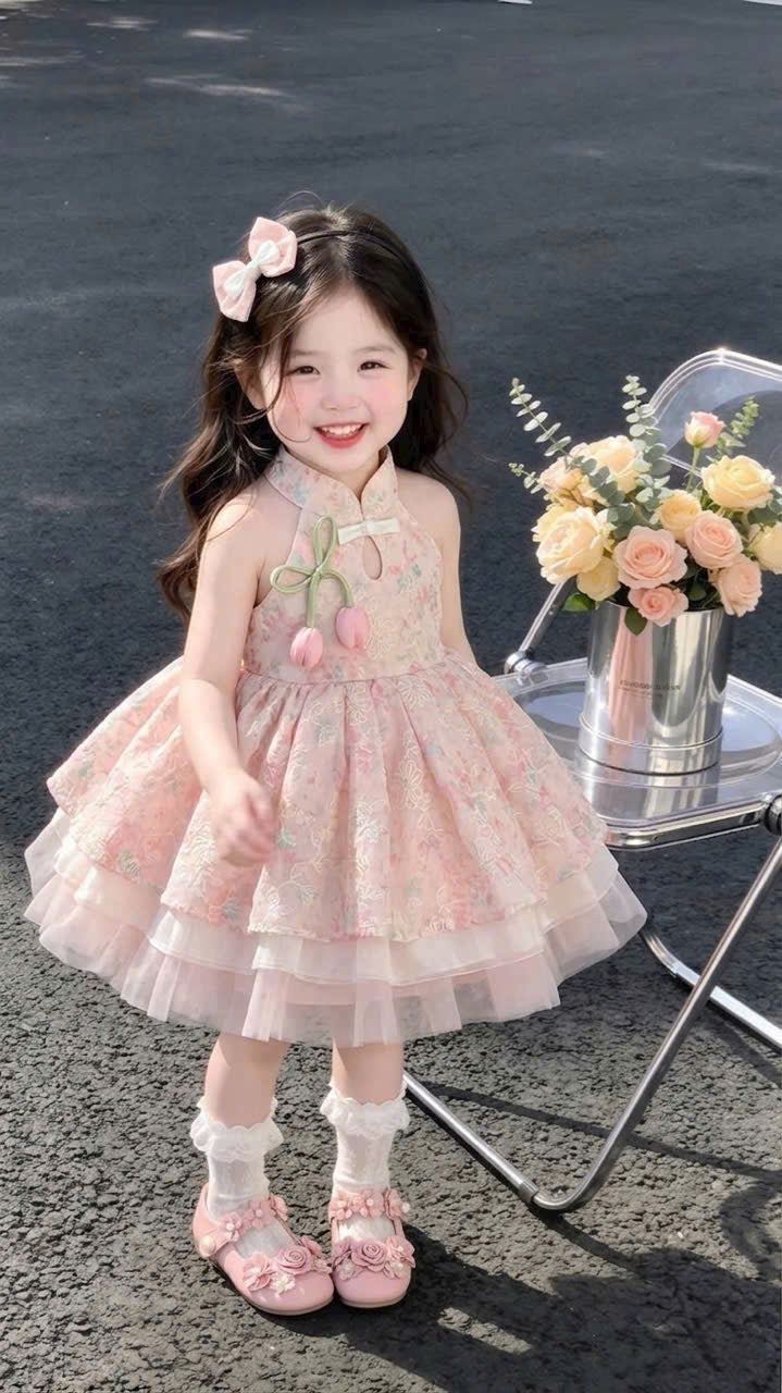 Halter Neck Dress – Tulip Blossom Newborn–4 Years | Floral Girls Dress with Matching Bow Headband | Birthday, Lunar New Year & Mid-Autumn Outfit