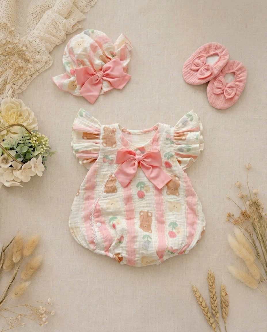 Muslin Teddy Berry Romper Set 3 Months–2 Years | Baby Muslin Romper with Matching Bonnet & Soft Shoes | Everyday, Birthday & Photoshoot Outfit
