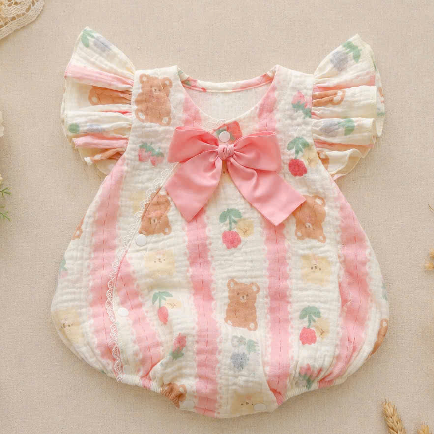 Muslin Teddy Berry Romper Set 3 Months–2 Years | Baby Muslin Romper with Matching Bonnet & Soft Shoes | Everyday, Birthday & Photoshoot Outfit