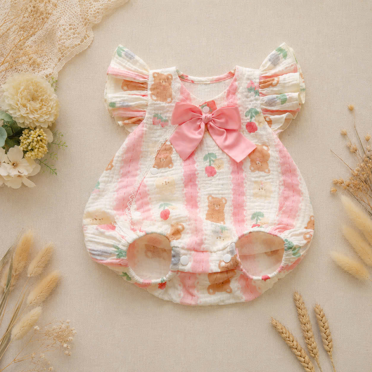 Muslin Teddy Berry Romper Set 3 Months–2 Years | Baby Muslin Romper with Matching Bonnet & Soft Shoes | Everyday, Birthday & Photoshoot Outfit