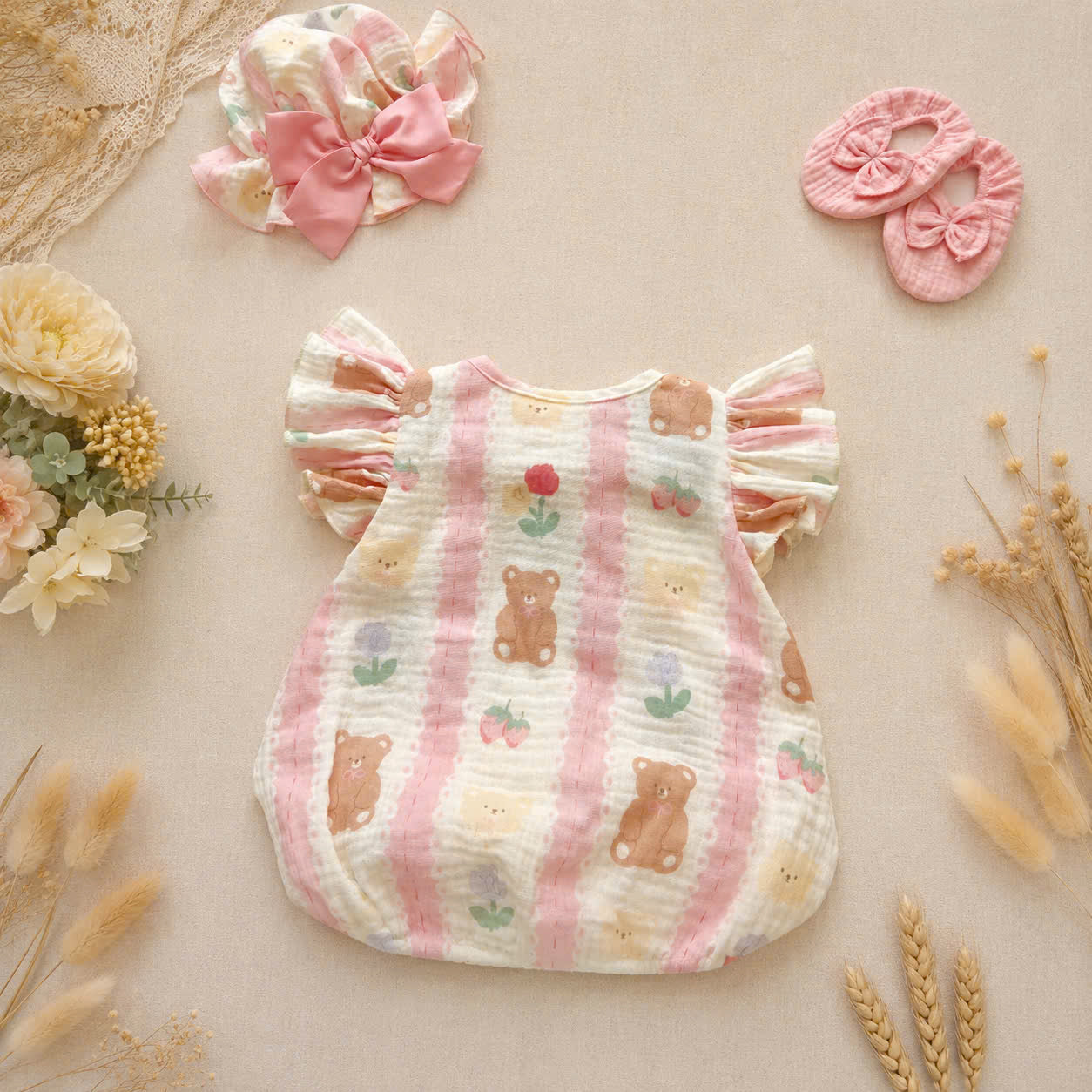Muslin Teddy Berry Romper Set 3 Months–2 Years | Baby Muslin Romper with Matching Bonnet & Soft Shoes | Everyday, Birthday & Photoshoot Outfit
