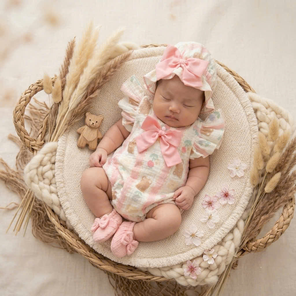 Muslin Teddy Berry Romper Set 3 Months–2 Years | Baby Muslin Romper with Matching Bonnet & Soft Shoes | Everyday, Birthday & Photoshoot Outfit