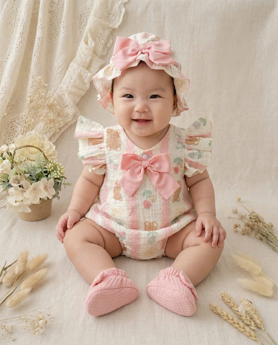 Muslin Teddy Berry Romper Set 3 Months–2 Years | Baby Muslin Romper with Matching Bonnet & Soft Shoes | Everyday, Birthday & Photoshoot Outfit