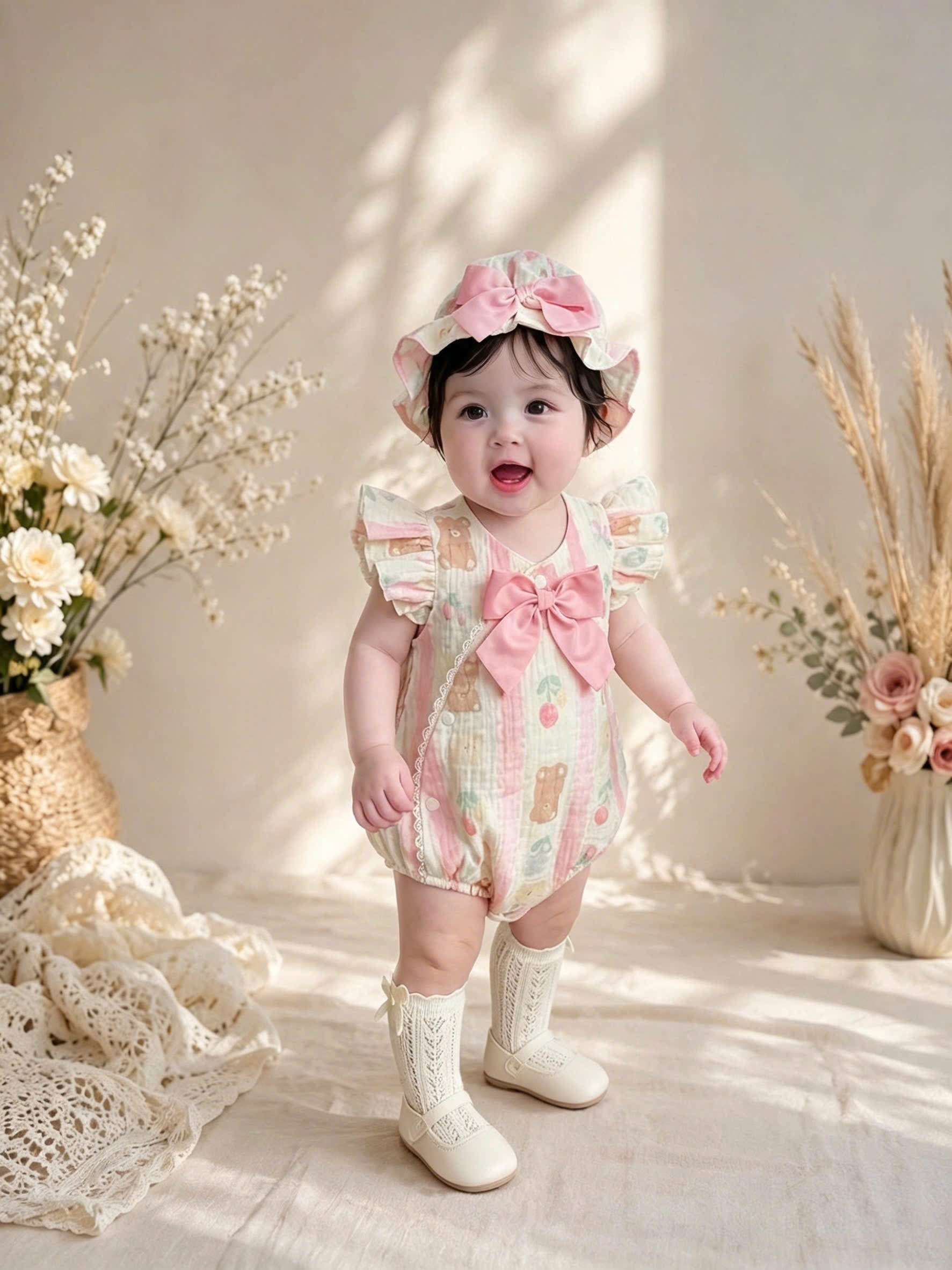 Muslin Teddy Berry Romper Set 3 Months–2 Years | Baby Muslin Romper with Matching Bonnet & Soft Shoes | Everyday, Birthday & Photoshoot Outfit