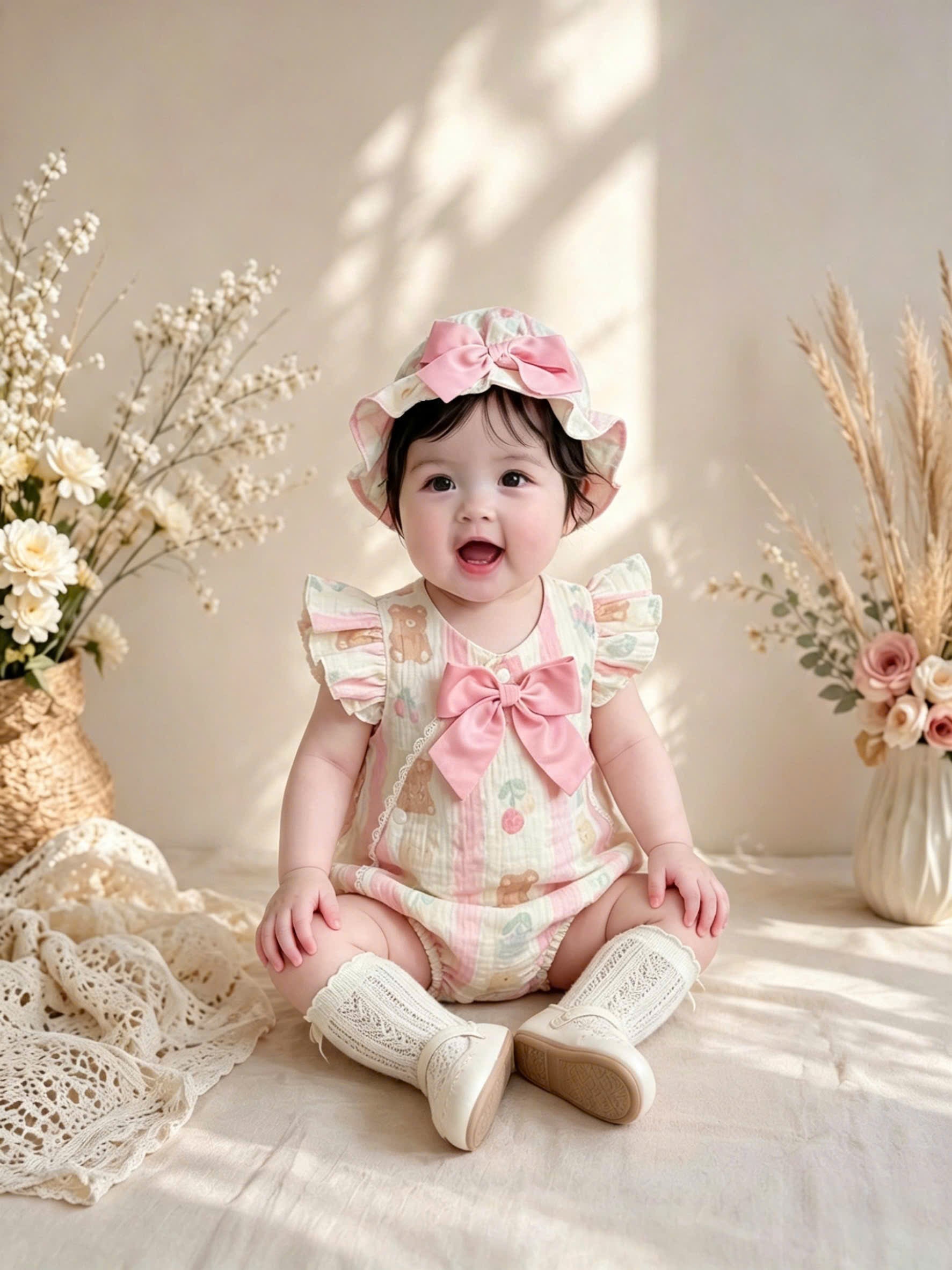 Muslin Teddy Berry Romper Set 3 Months–2 Years | Baby Muslin Romper with Matching Bonnet & Soft Shoes | Everyday, Birthday & Photoshoot Outfit
