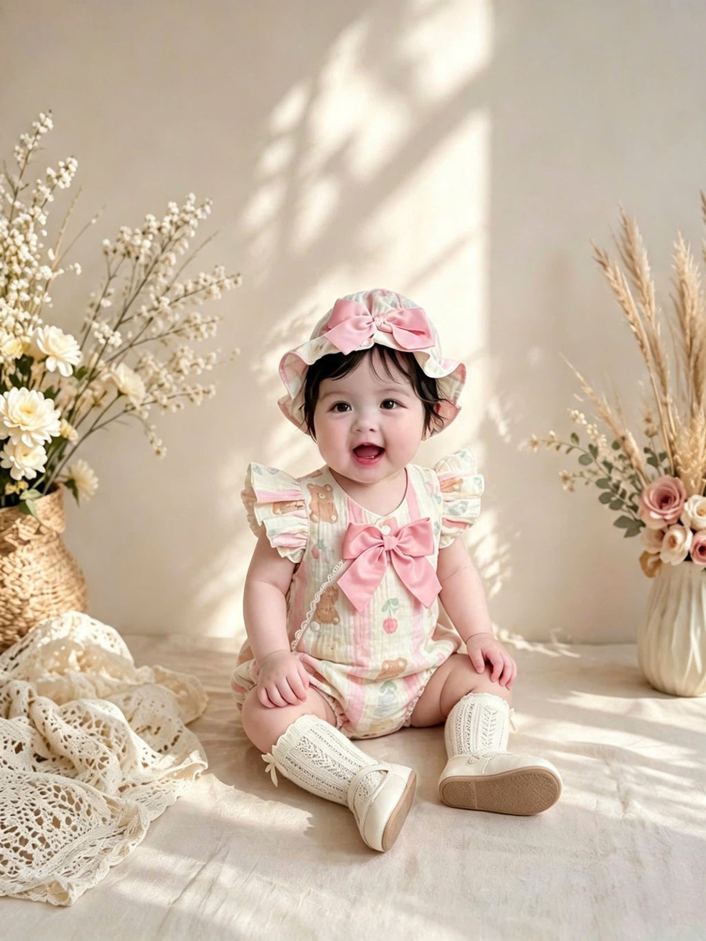 Muslin Teddy Berry Romper Set 3 Months–2 Years | Baby Muslin Romper with Matching Bonnet & Soft Shoes | Everyday, Birthday & Photoshoot Outfit