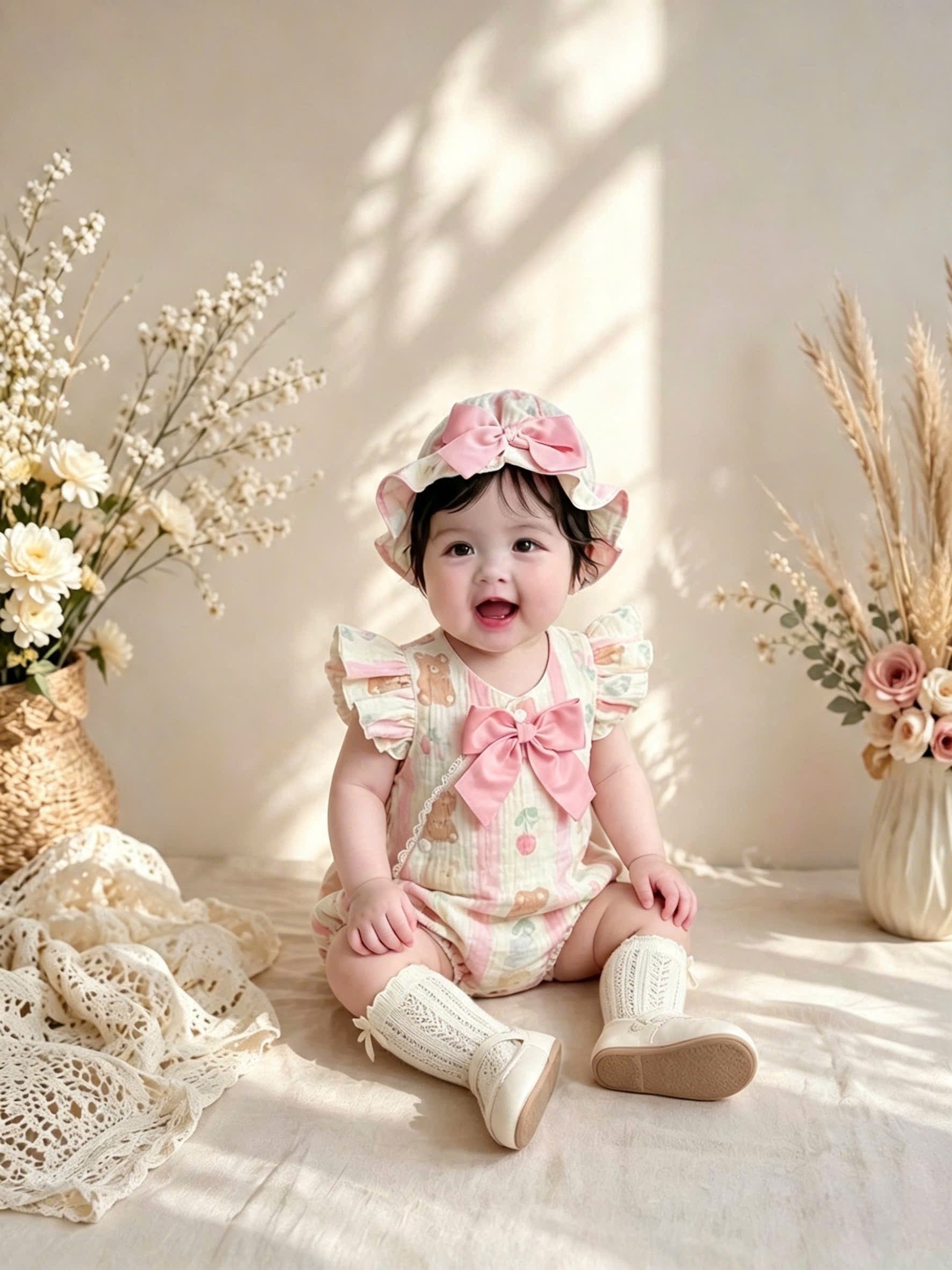 Muslin Teddy Berry Romper Set 3 Months–2 Years | Baby Muslin Romper with Matching Bonnet & Soft Shoes | Everyday, Birthday & Photoshoot Outfit