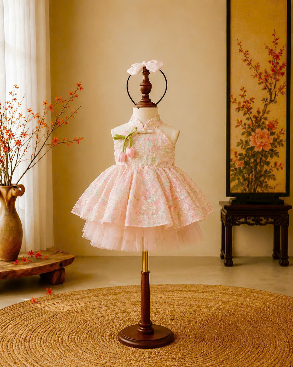 Halter Neck Dress – Tulip Blossom Newborn–4 Years | Floral Girls Dress with Matching Bow Headband | Birthday, Lunar New Year & Mid-Autumn Outfit