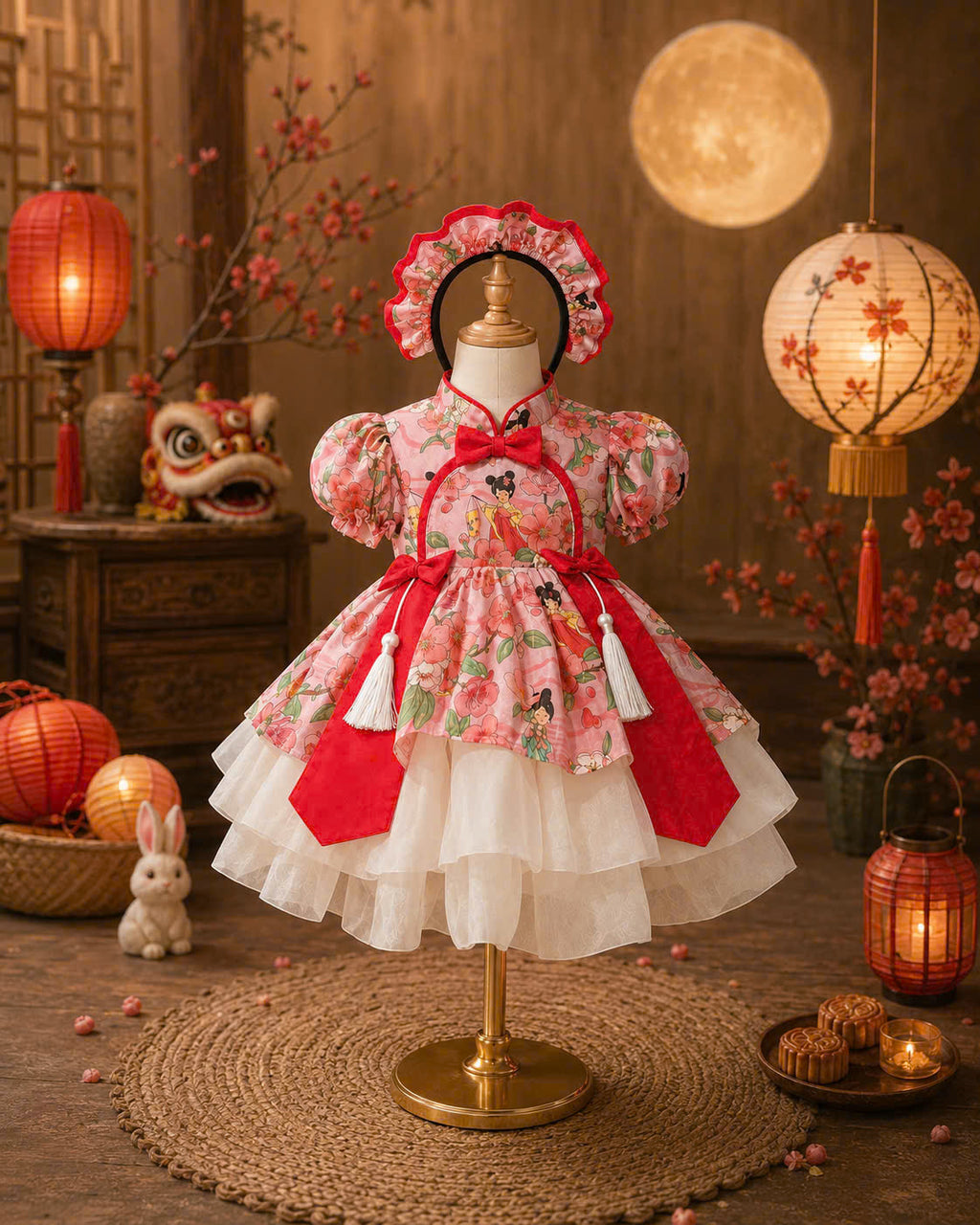 Cheongsam Dress – Blossom Fairy Newborn–5 Years | Floral Cheongsam Dress with Matching Headband | Lunar New Year, Mid-Autumn & Birthday Dress