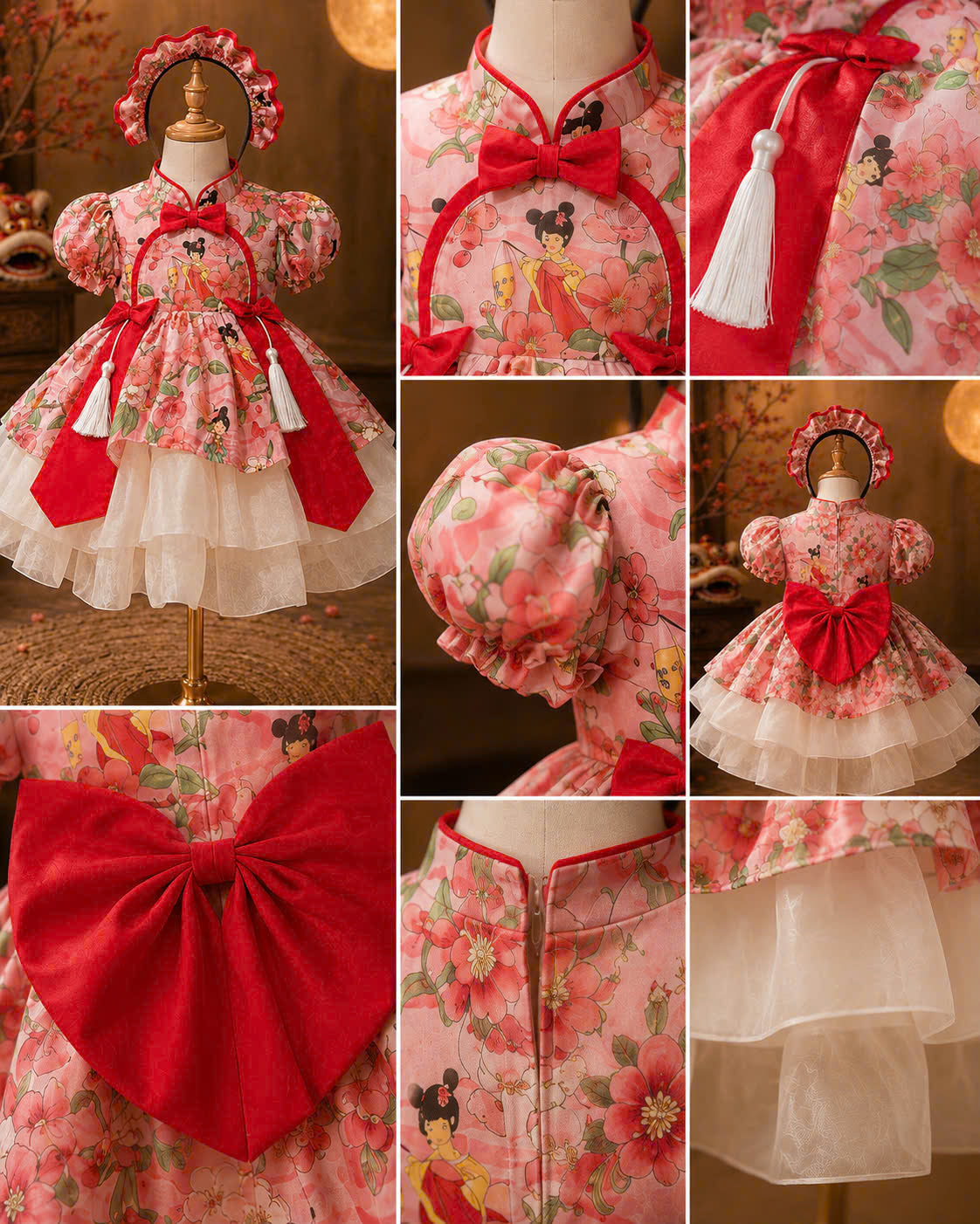 Cheongsam Dress – Blossom Fairy Newborn–5 Years | Floral Cheongsam Dress with Matching Headband | Lunar New Year, Mid-Autumn & Birthday Dress
