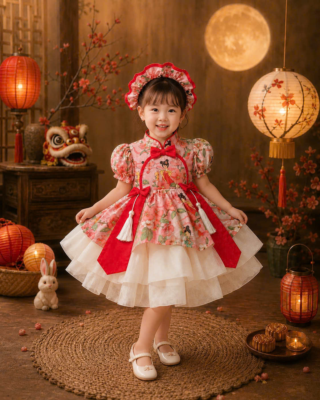Cheongsam Dress – Blossom Fairy Newborn–5 Years | Floral Cheongsam Dress with Matching Headband | Lunar New Year, Mid-Autumn & Birthday Dress