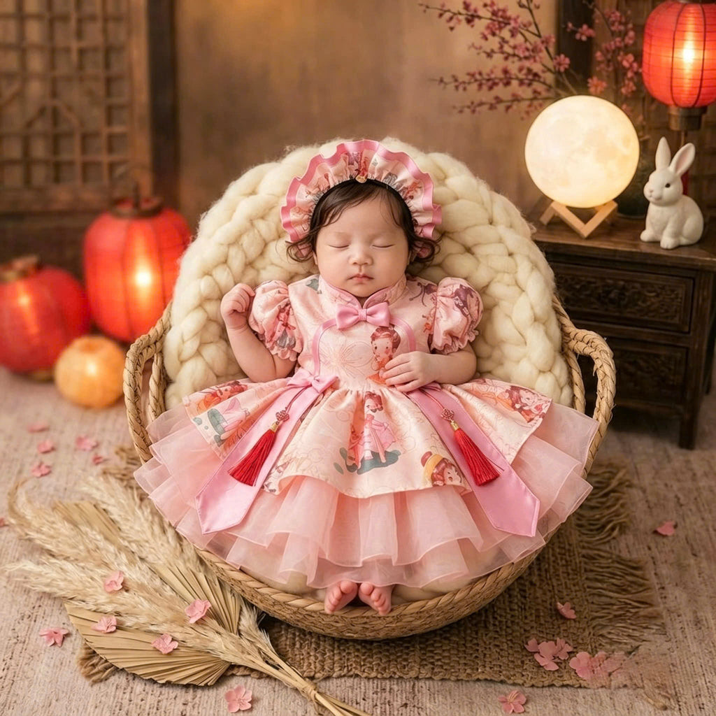 Cheongsam Dress – Moon Fairy Newborn–5 Years | Traditional Floral Girls Dress with Matching Headband | Lunar New Year, Mid-Autumn & Birthday Dress